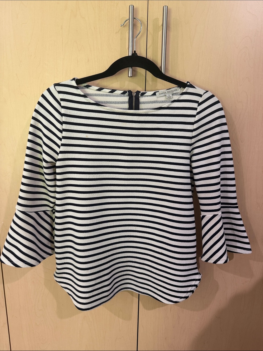 Green Envelope Black & White Striped Bell Sleeve Top
